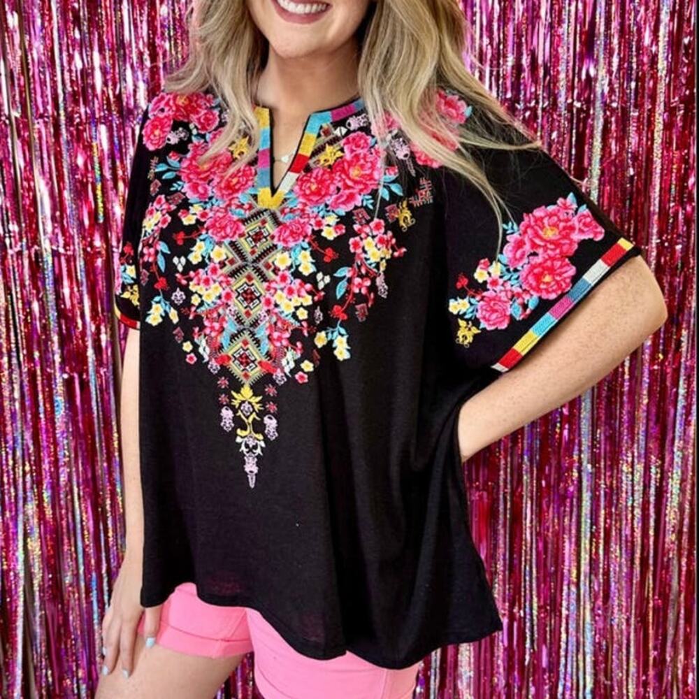 Savanna Jane Black Blouse with Vibrant Floral Embroidery